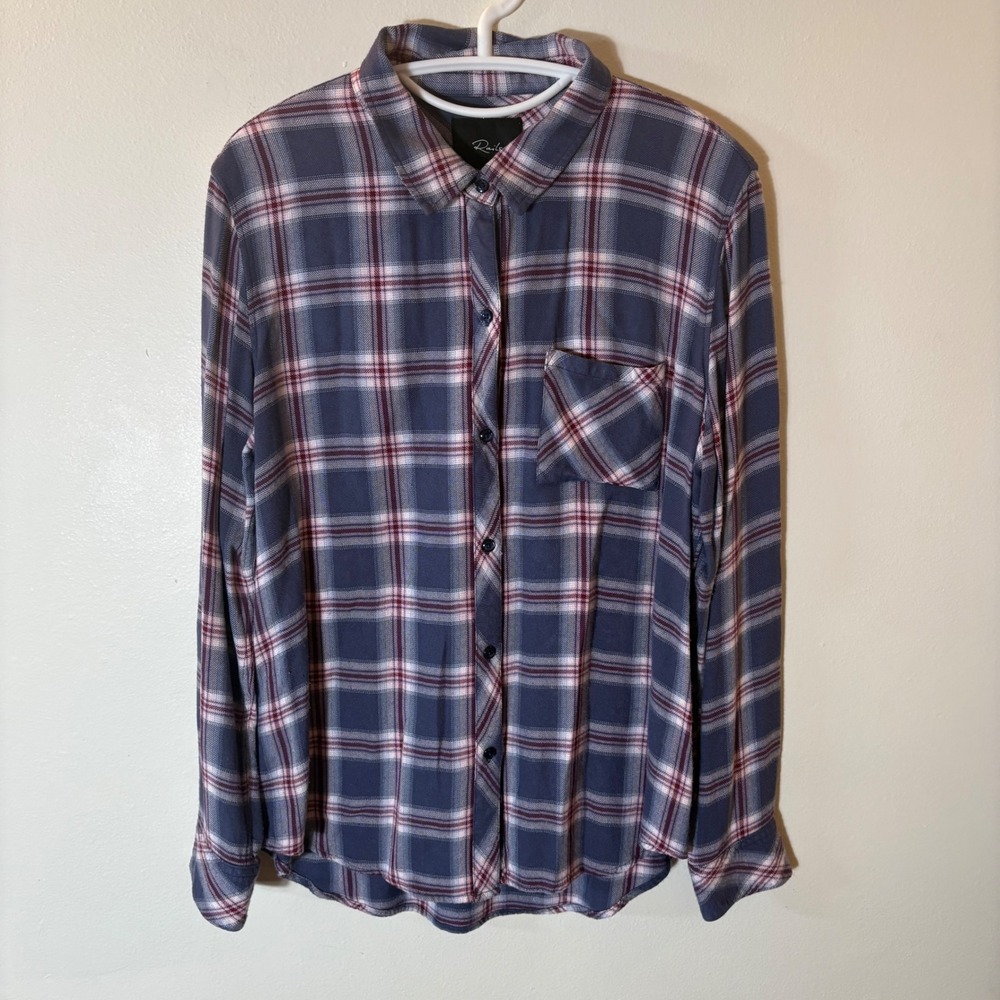 Rails Hunter Plaid Button Down Shirt Indigo Currant White Rayon Size Large